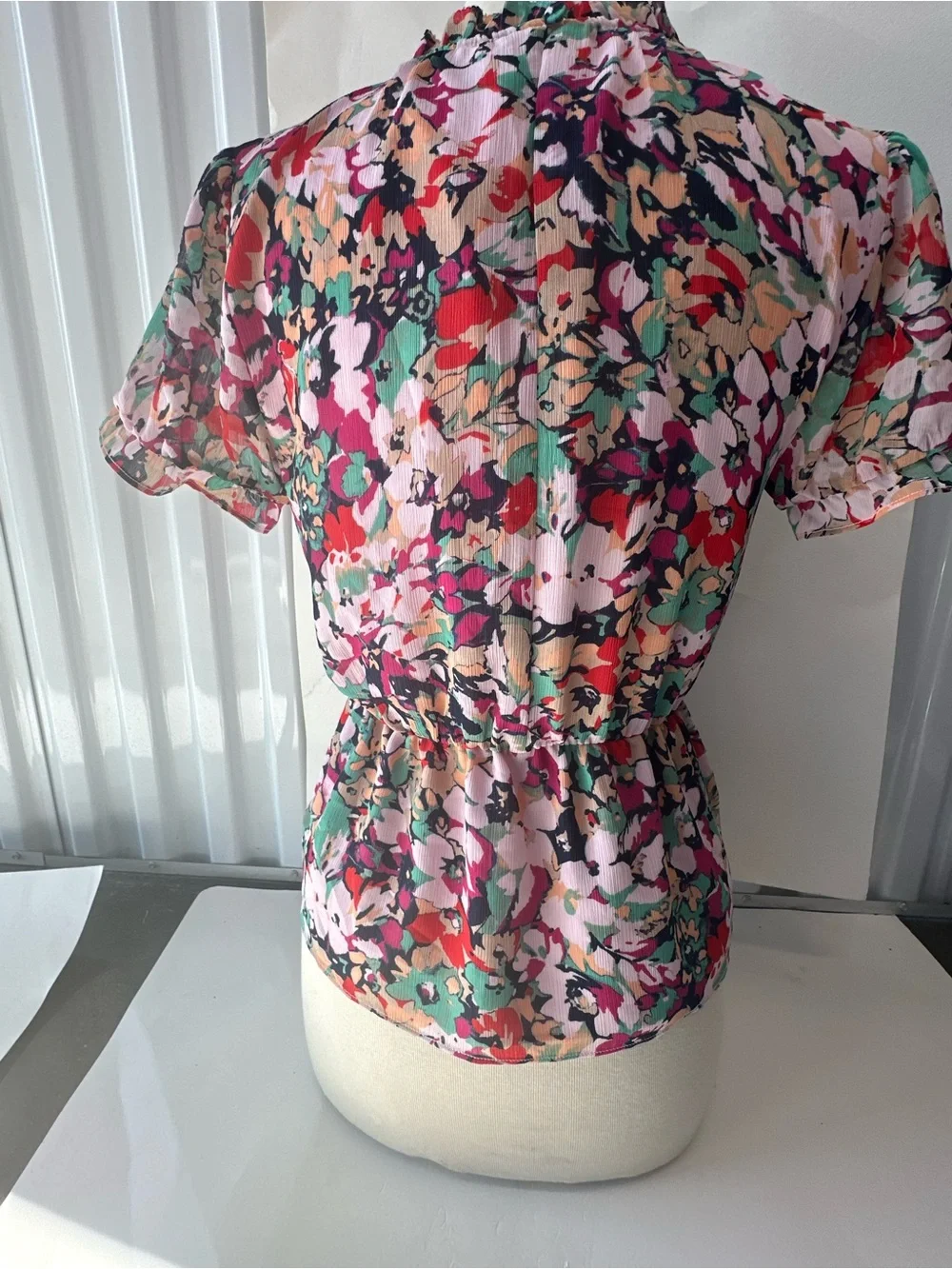 J. Crew Pink Multi Floral Short Sleeve Ruffle-Neck Blouse